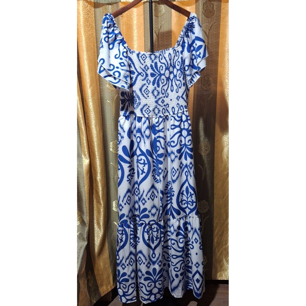 SHEIN Tile Print Smocked Maxi Dress Blue White Mediterranean Boho Vacation XL